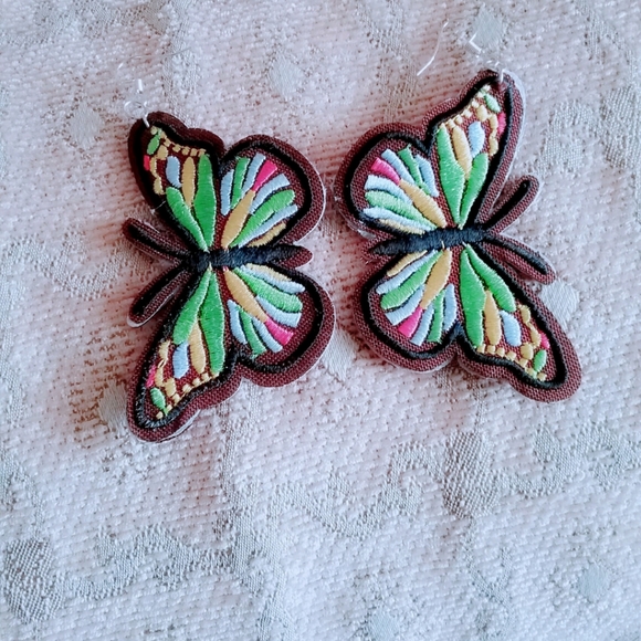 !Sale! Brown Embroidery Butterfly Earrings - Picture 2 of 2